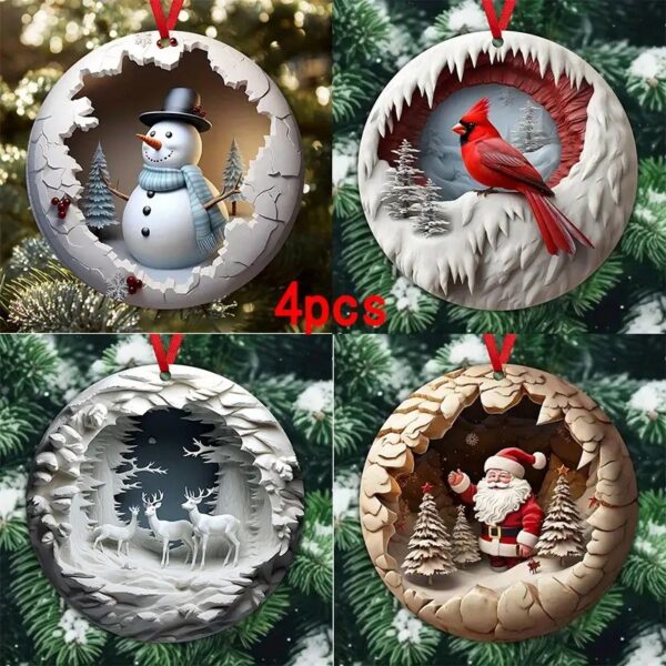 4Pcs/Set 3D Santa Snowman Cardinal Christmas Ornaments