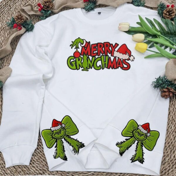 Embroidered Side Bow Grinchmas Sweatshirt